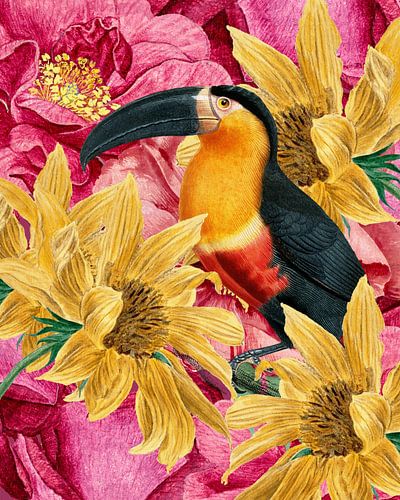 Bird in Yellow and Pink Garden