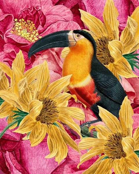 Bird in Yellow and Pink Garden by Marja van den Hurk