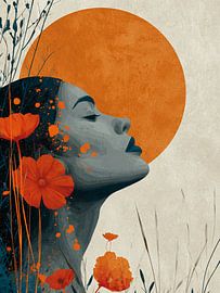 Frauenporträt mit orangefarbenen Blumen und Sonne – Moderne botanische Wandkunst von SPEQ ART