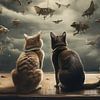 Zwei Katzen im Regen beobachten seltsame Wesen am Himmel. von Patricia Hofmeester