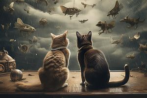 Zwei Katzen im Regen beobachten seltsame Wesen am Himmel.