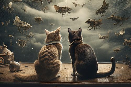 Twee katten in de regen kijken naar vreemde wezens in de lucht.