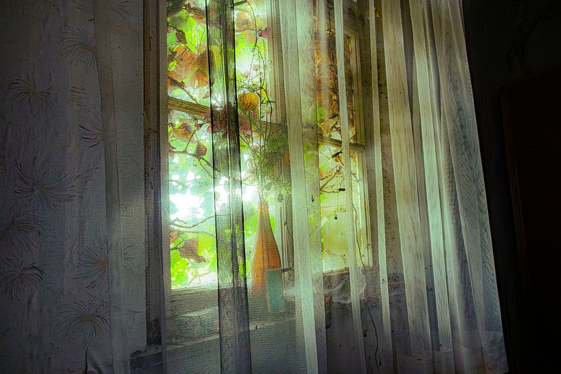 Lichtdurchflutetes Fenster mit zarten Vorhängen – Natur trifft auf Verlassenheit im Lost Place von InfiniteArtLabs