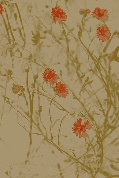 Summer flowers in tobacco and coral. Retro style. by Dina Dankers
