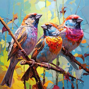 Oiseaux colorés | Oiseaux colorés - Art sur Blikvanger Schilderijen