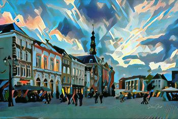 Abstract Schilderij Den Bosch: De Markt in blauwe tinten