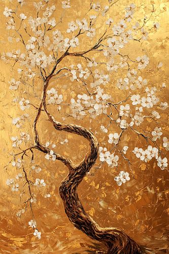 Bloeiende boom op gouden achtergrond