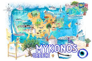 Mykonos Griechenland Kykladen Illustrierte Inselkarte mit berühmten Sehenswürdigkeiten
