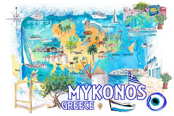 Mykonos Griechenland Kykladen Illustrierte Inselkarte mit berühmten Sehenswürdigkeiten