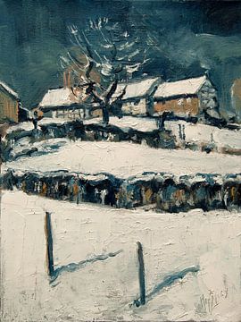 Half-timbered houses and hawthorn in the snow by Nop Briex