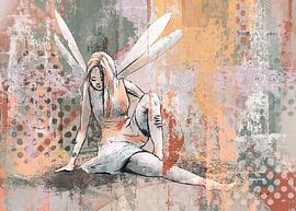 Elfe - technique mixte en orange, vert et brun rouille sur Emiel de Lange