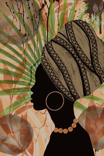 Afrikaans Silhouet: Vrouw met Tulband en Bladeren