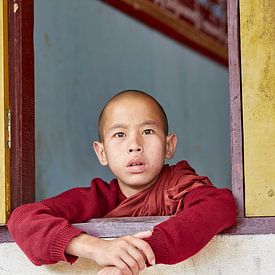 Junger Mönch beim Zuschauen eines Festivals in Myanmar. von Jeroen Florijn