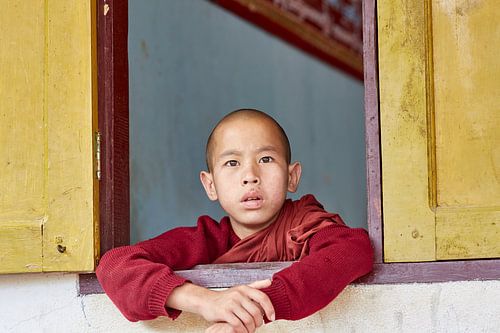 Junger Mönch beim Zuschauen eines Festivals in Myanmar.