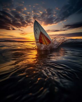 Surfplank in zee bij zonsondergang van fernlichtsicht