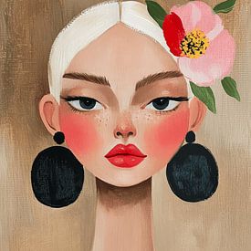 Modernes Frauenporträt mit Blume und auffälligen Ohrringen von Carla Van Iersel