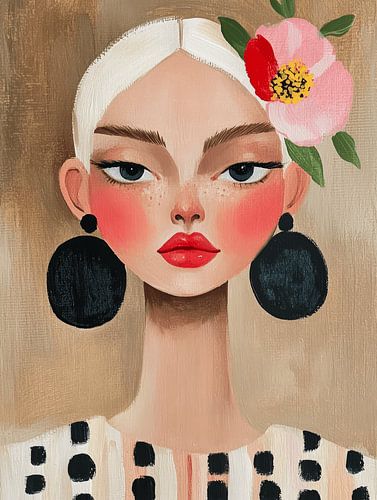 Modern portrait of a woman with a flower and statement earrings by Carla Van Iersel