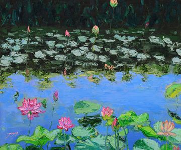 Roze lotuslelies in een vijver van Jukyong Park