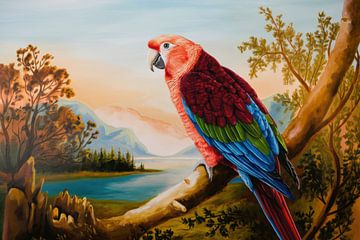 Papegaai boven rustig bergmeer van Imperial Art House