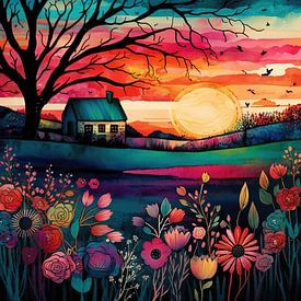 Watercolor Folk Art Sunset #2 by Chromatic Fusion Studio