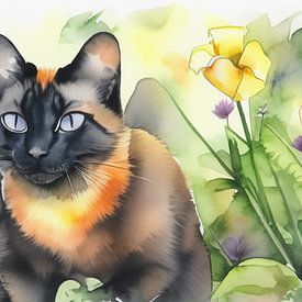 Kat in de tuin omringd door bloemen van Patricia Hofmeester