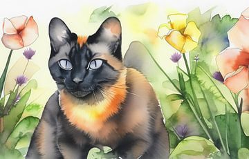 Cat in garden with flowers