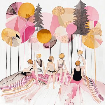 Vrouwen onder abstracte bomen | Abstract werk in pastel van Karina Brouwer