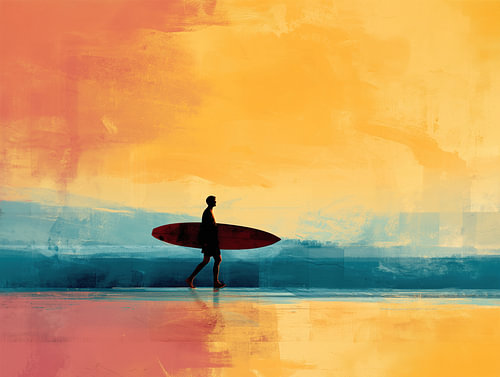Spazierender Surfer bei Sonnenuntergang