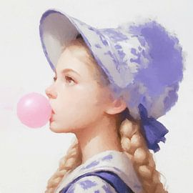 Porträt eines Mädchens in Delfter Blau mit Kaugummikugel – alte holländische Meister im neuen Kunststil. von Studio Jet