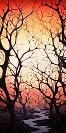 Belle forêt avec des arbres et des branches dans un paysage de style abstrait sur Art Bizarre