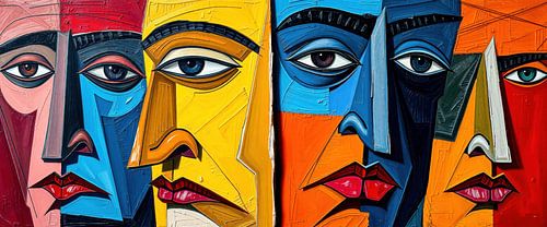 Le cubisme comme panorama : Des identités enchevêtrées - Une symphonie cubiste de visages masculins dans un jeu de couleurs puissant et une proximité dynamique