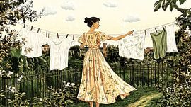 Frau hängt Wäsche in blühendem Garten auf von Frank Heinz