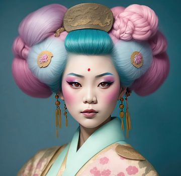 Geisha portret in mooie pastelkleuren in de traditionele kleding. van Brian Morgan