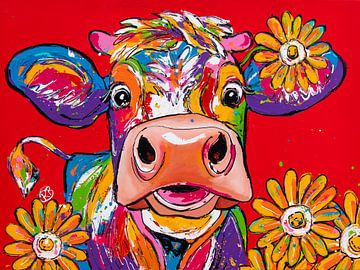Vrolijke koe met bloemen van Happy Paintings