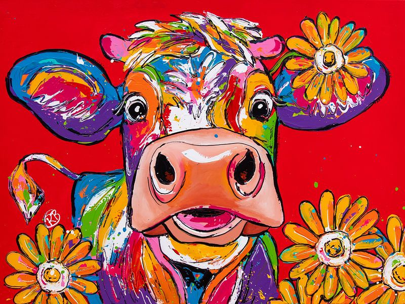 Cheerful cow with flowers by Happy Paintings / Renata Rolefes