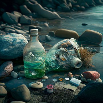 Plastic afval mi zee op het strand Illustratie van Animaflora PicsStock