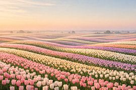 La magie du petit matin sur les champs de tulipes ondulants