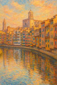 Maisons colorées au bord de la rivière Onyar à Gérone – Art mural impressionniste représentant un paysage urbain catalan