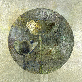 Tulips on metal. Green, bronze and silver.