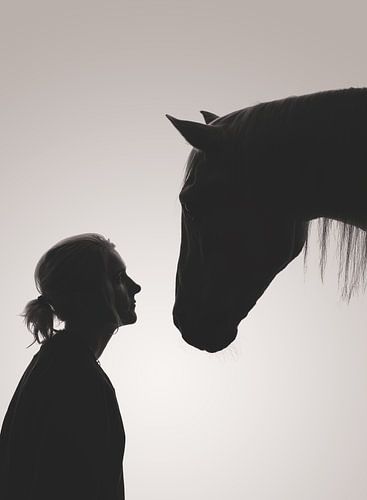 Fine Art silhouette vrouw en paard van Yvonne van de Kop