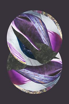 Mysterieus Heelal, een collage van twee cirkels gehuld in diepe paarse, grijze en antraciet kleuren van Beautiful Thrills