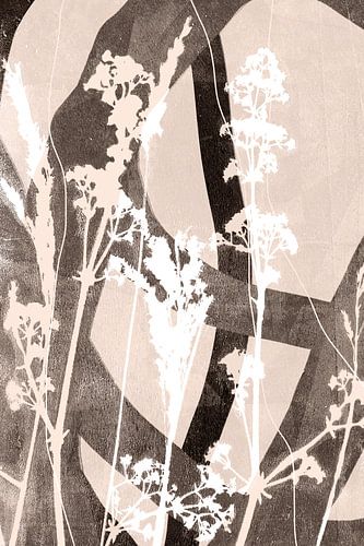 Bloemen. Abstract Retro Botanisch. Bloemen en gras in aardetinten, wit, beige, bruin