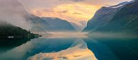 Panorama of a sunrise in Lovatnet, Norway
