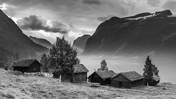 Oude boerderijen Lovatnet, Noorwegen van Henk Meijer Photography