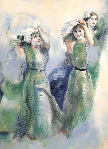 Drie jonge dames, lachend en vol levenslust. Hun jurken bewegen sierlijk mee op de wind. in de stijl van Renoir