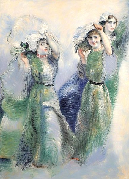 Drei junge Damen, lächelnd und voller Lebensfreude. Ihre Kleider bewegen sich anmutig im Wind. im Stil von Renoir von Mario Dekker-Janssen