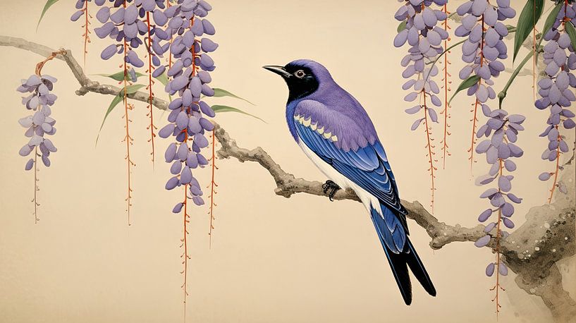 Swallow and wisteria in japandi style by True Nature Art