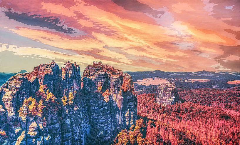 Farbpracht Landschaft in Bad Schandau mit Schrammsteinen von Jakob Baranowski - Photography - Video - Photoshop