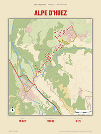 Alpe d'Huez and its 21 hairpins, retro road map by Sidney van den Boogaard