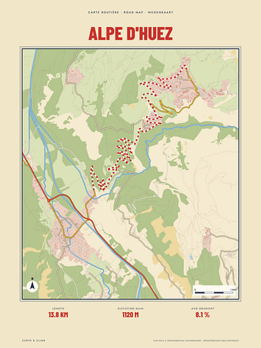 Alpe d'Huez and its 21 hairpins, retro road map